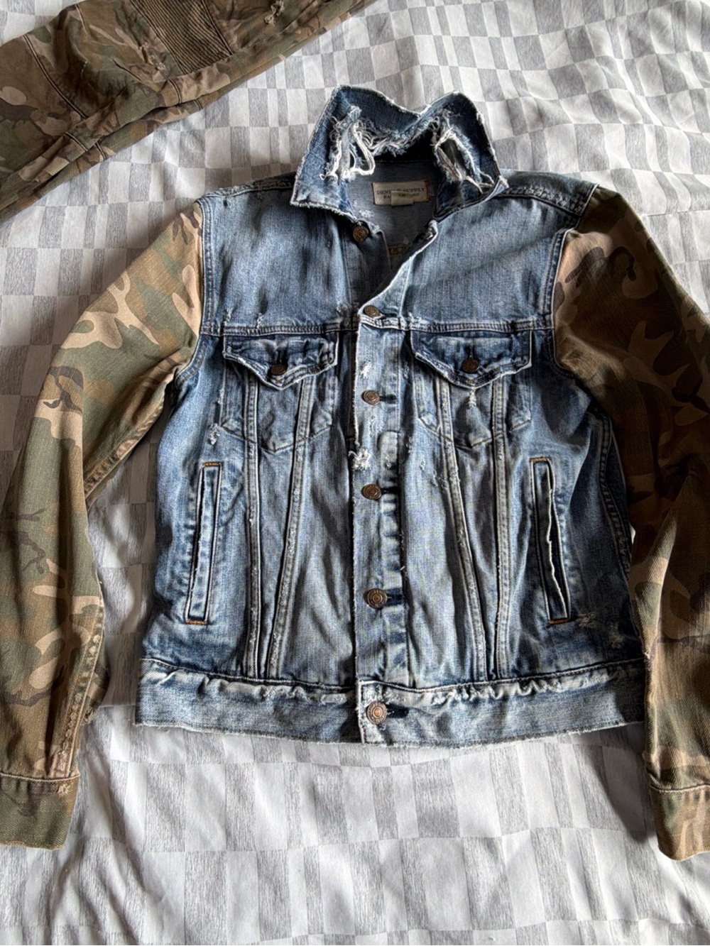 Denim & Supply Ralph Lauren Distressed Blue Denim Jacket with Camo Sleeves